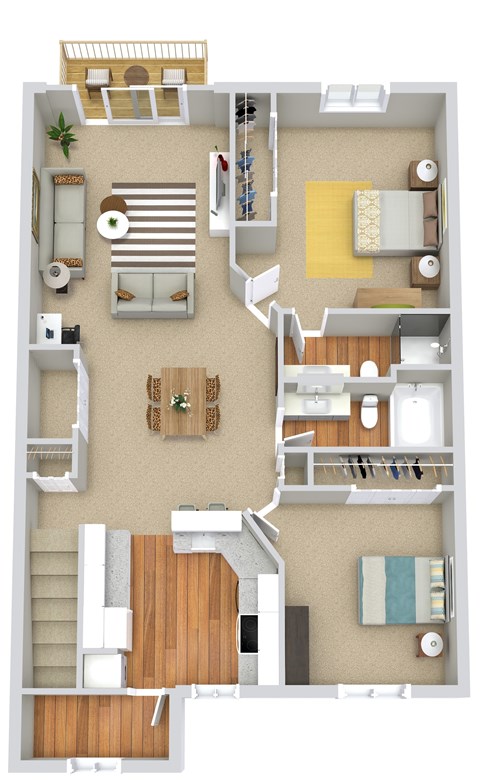 A floor plan of a house with a living room, kitchen, and two bedrooms.